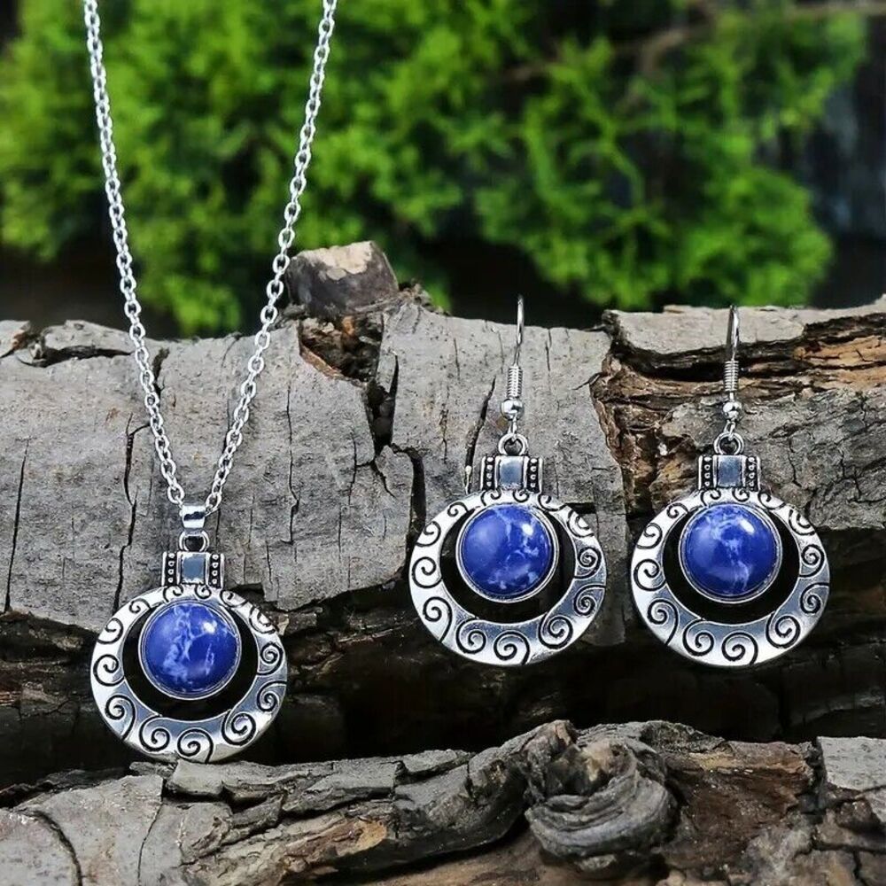 Royal Blue BOHO Tribal Pendant and Earring Set